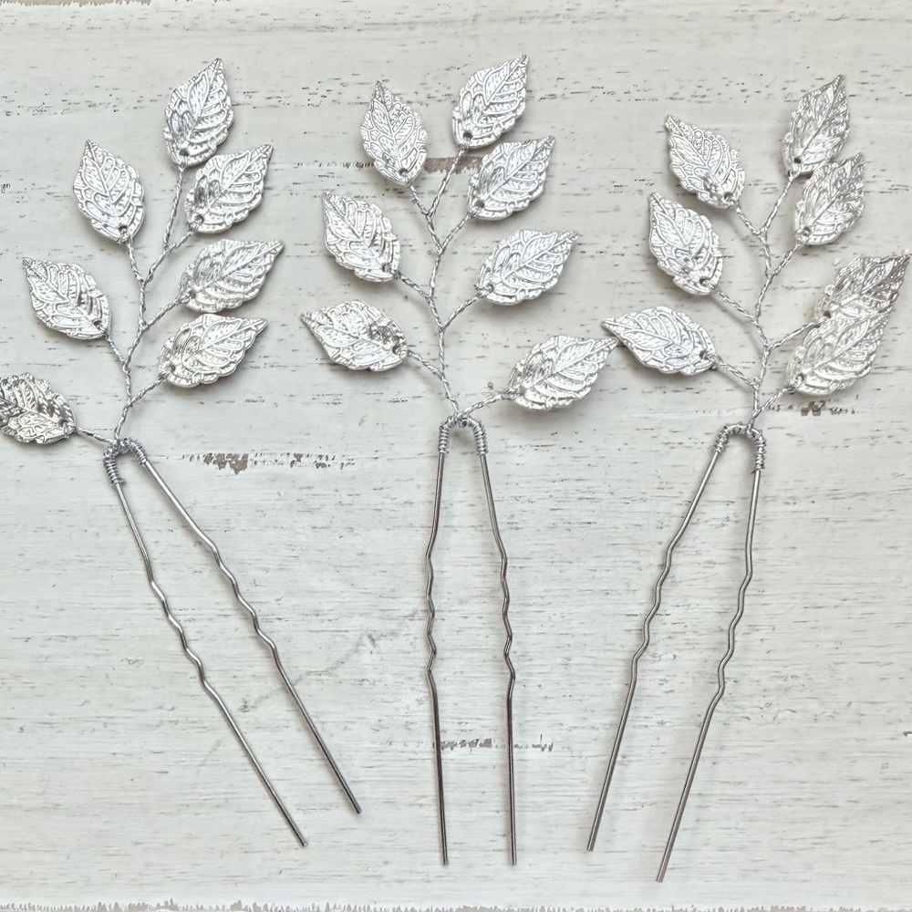 Silver Leaf Wedding Bridal Hair Pins - Set of 3